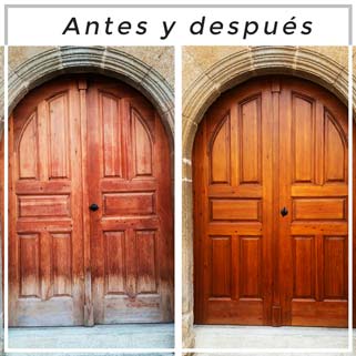 Antes y después de la restauración de puertas rústicas y antiguas. Trabajos realizados por Pintdevaj, empresa de pintura y decoración en Toledo y Madrid